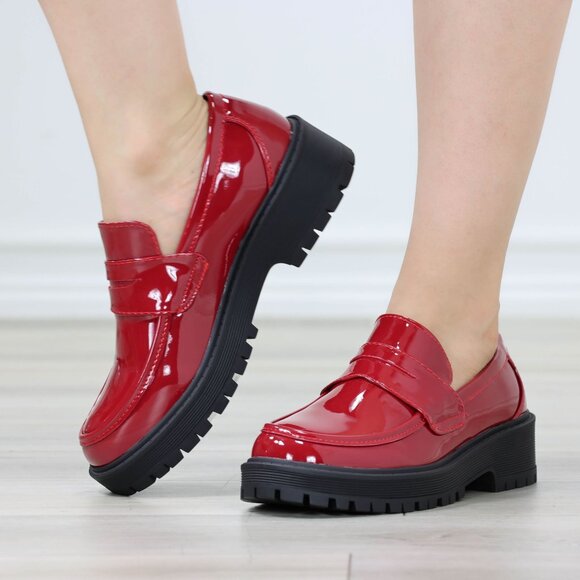 Womens Chunky Penny Loafer Lug Sole Slip On Platform Red Patent - Picture 6 of 16